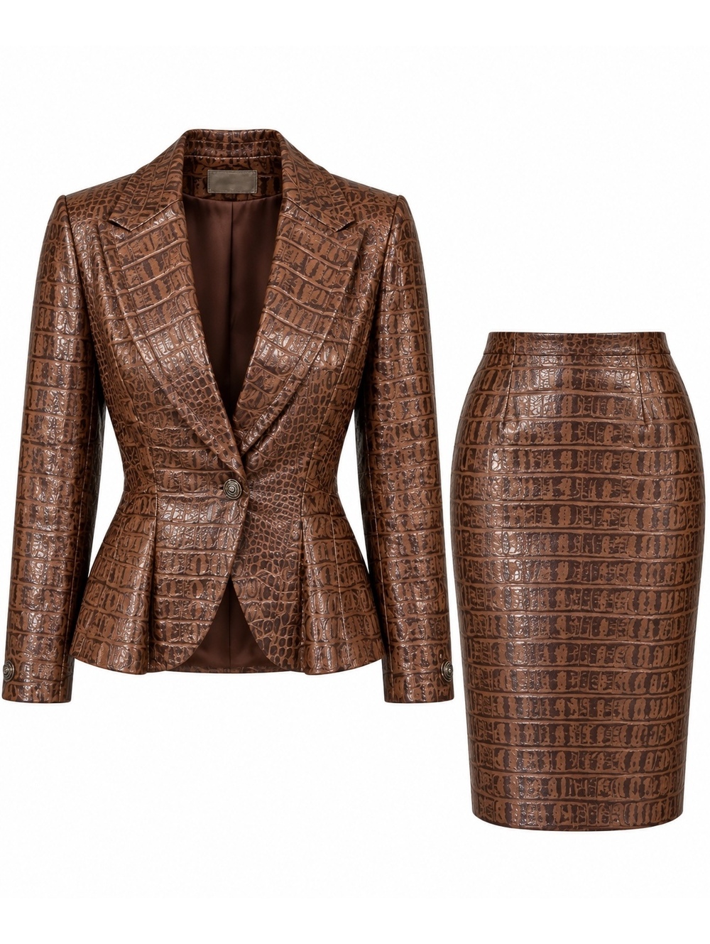 Brown Croc-Embossed Blazer & Pencil Skirt Set